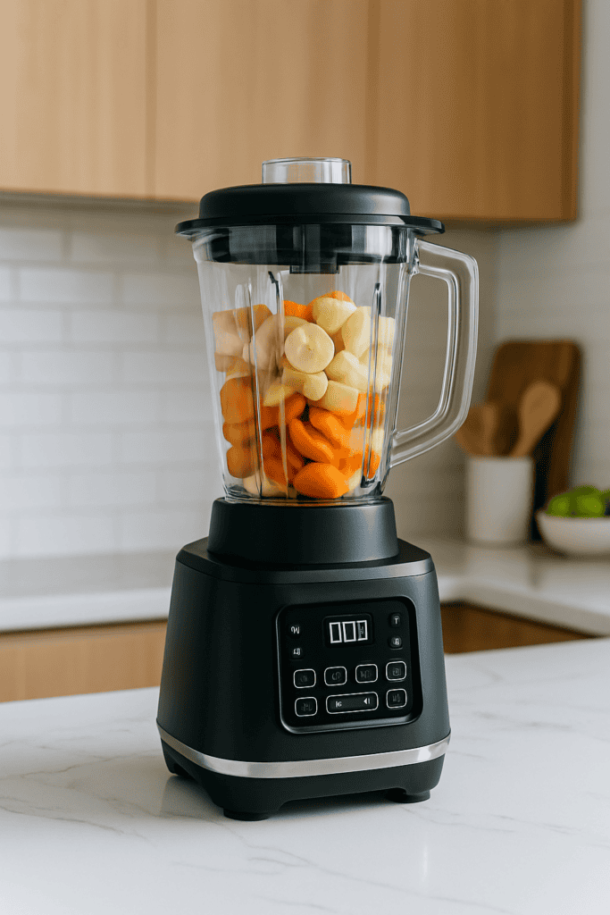 A modern countertop blender filled with fresh fruits, sitting on a clean kitchen counter, ready for making smoothies.