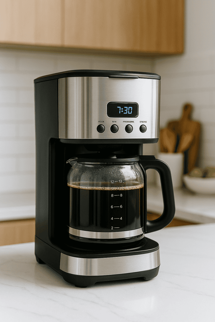A stainless steel drip coffee maker brewing fresh coffee into a glass carafe on a modern kitchen counter.